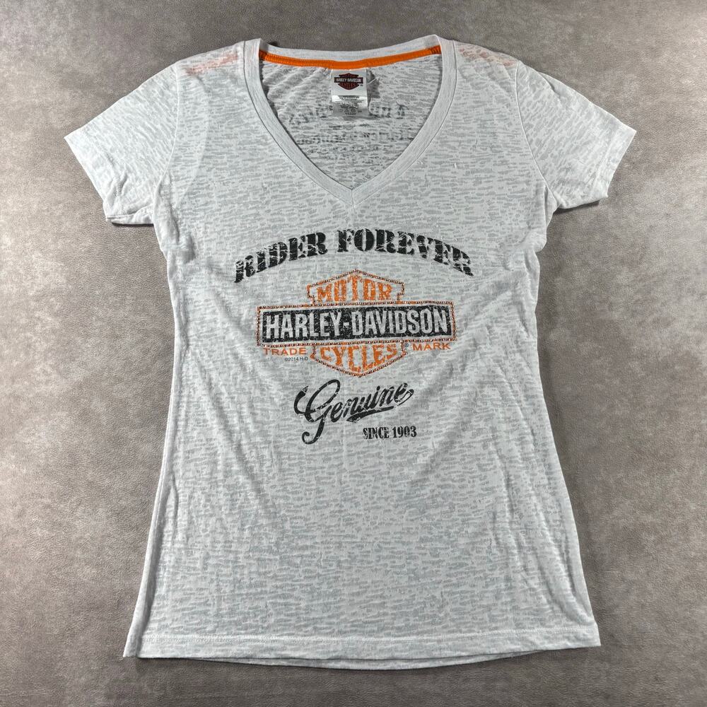 Harley Davidson Womens Burnout V-Neck T-Shirt White Rhinestone Thunderbird Large
